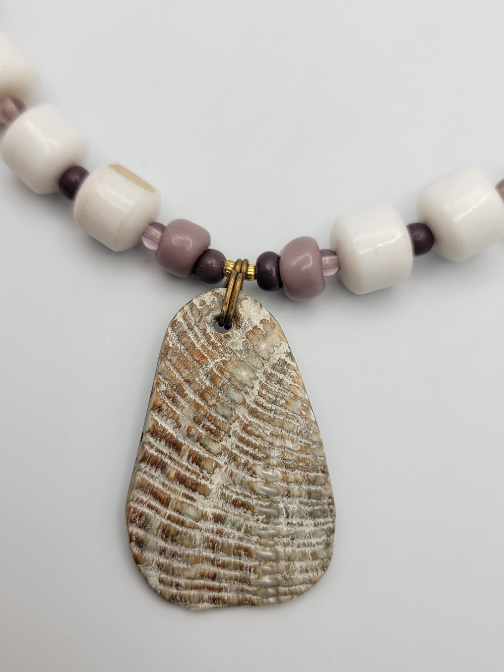 Handmade White & Mauve Beaded Necklace with Textured Pendant - Picture 3 of 7